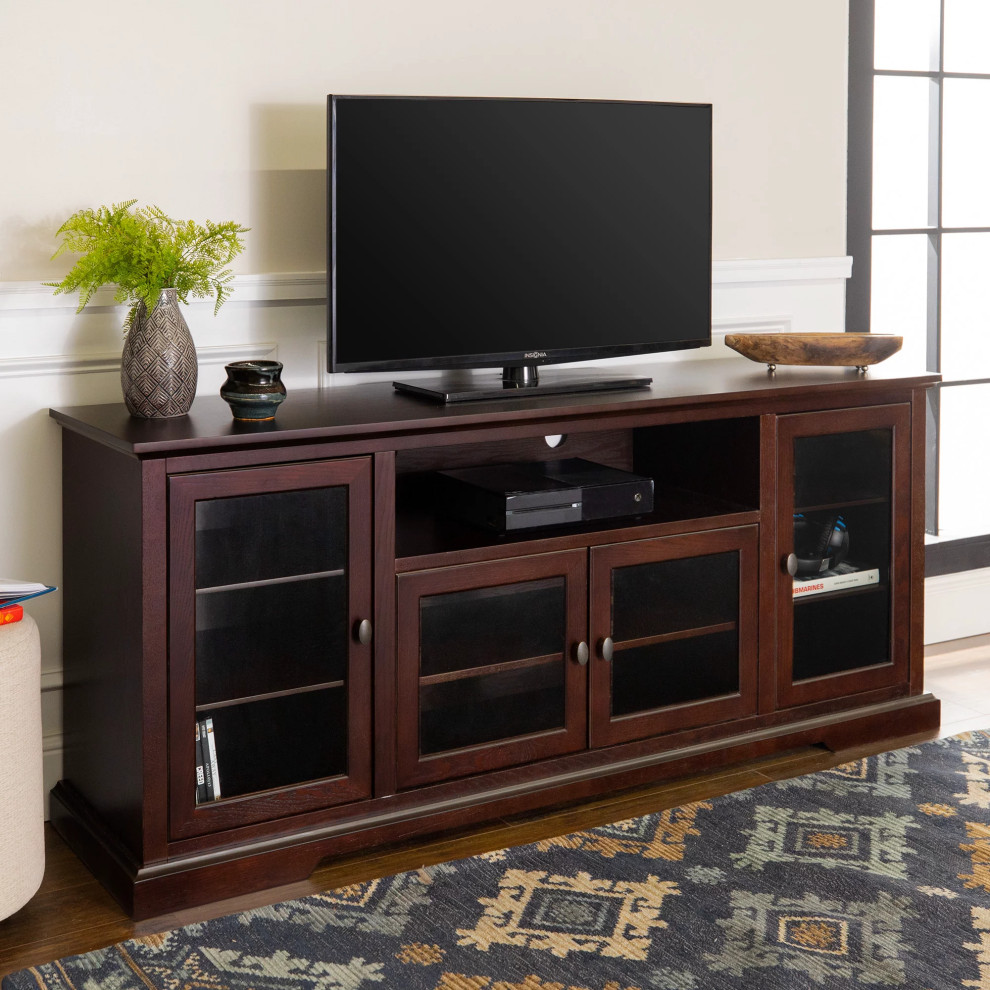 Contemporary TV Stand  4 Glass Panel Doors With Adjustable Inner Shelf  Espresso   Transitional   Entertainment Centers And Tv Stands   by Declusia  Houzz