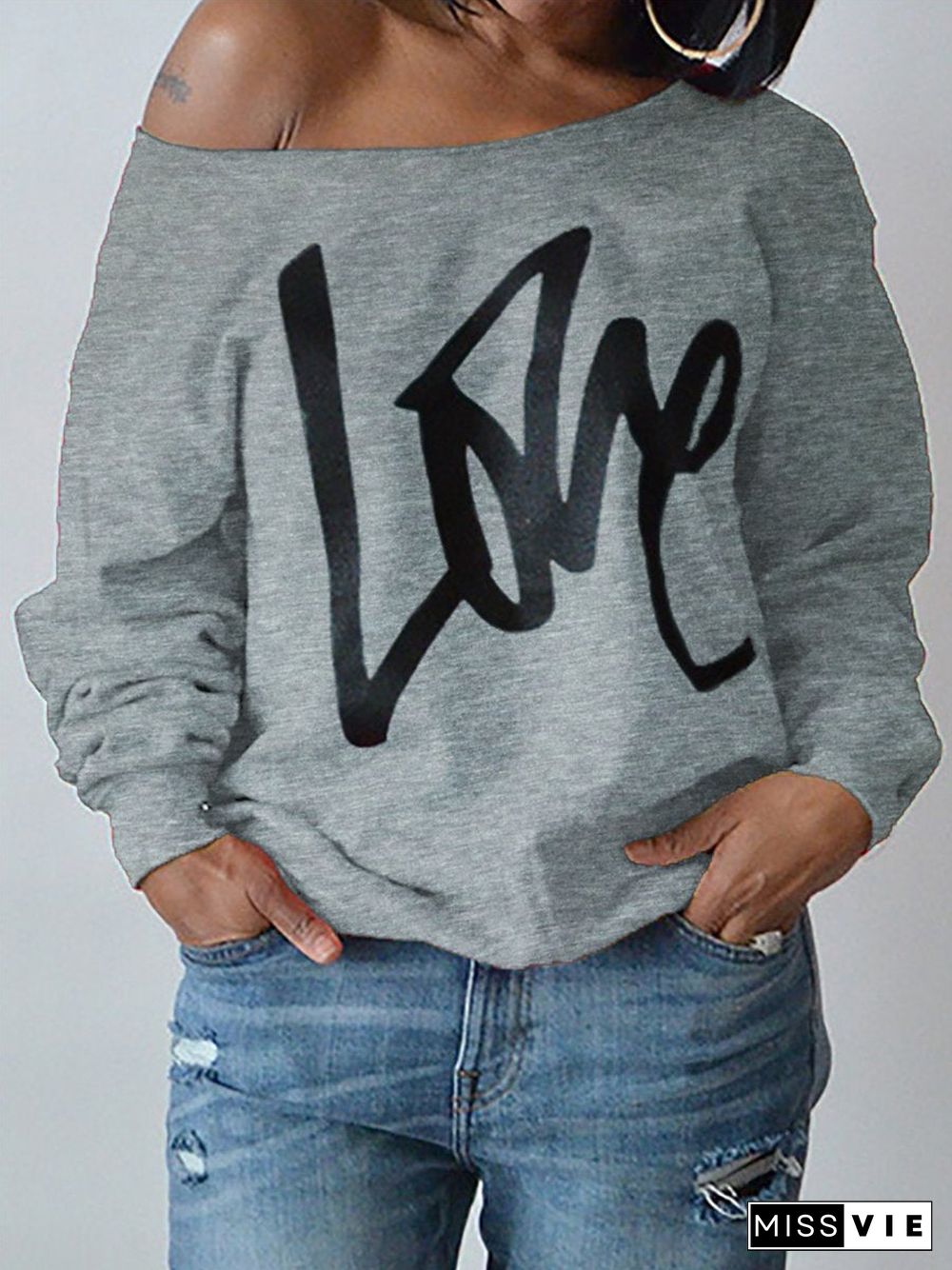 Letter Printed Love One Shoulder Sweatshirt