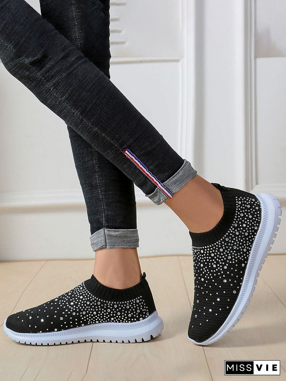 Rhinestone Design Portable Overfoot Lightweight Flyknit Sneakers