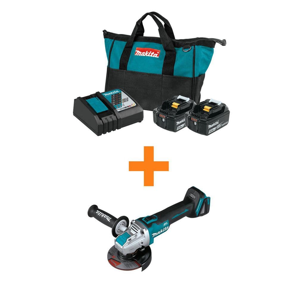 Makita 18V LXT Battery and Rapid Charger Starter Pack (5.0Ah) w/bonus 18V LXT Brushless 4-1/2 in./5 in. X-LOCK Angle Grinder BL1850BDC2XAG25