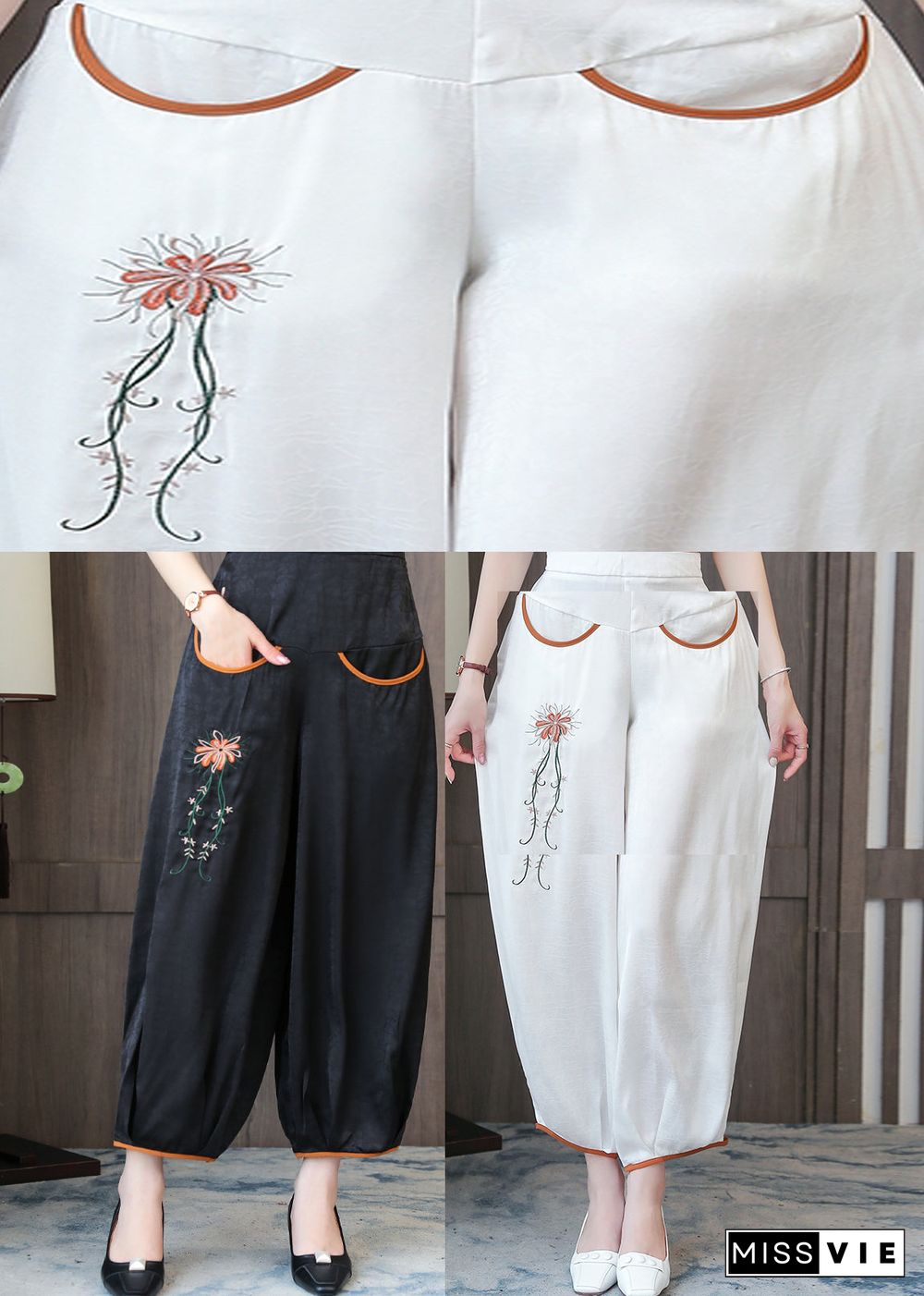 Handmade Black Embroidered Floral Silk Lantern Pants