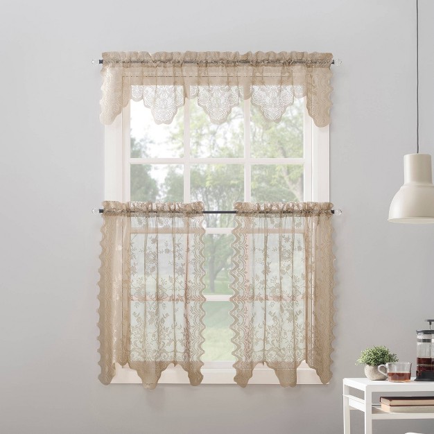 Set Of 2 36 quot x58 quot Alison Floral Lace Sheer Rod Pocket Kitchen Curtain Tier Beige No 918