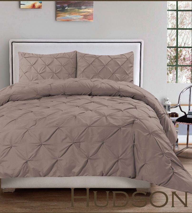 Hudson 3 Piece Pintuck Comforter Set Luxurious Pinch Pleat Wrinkle Resistant Oversized Bedding Full Size - Taupe