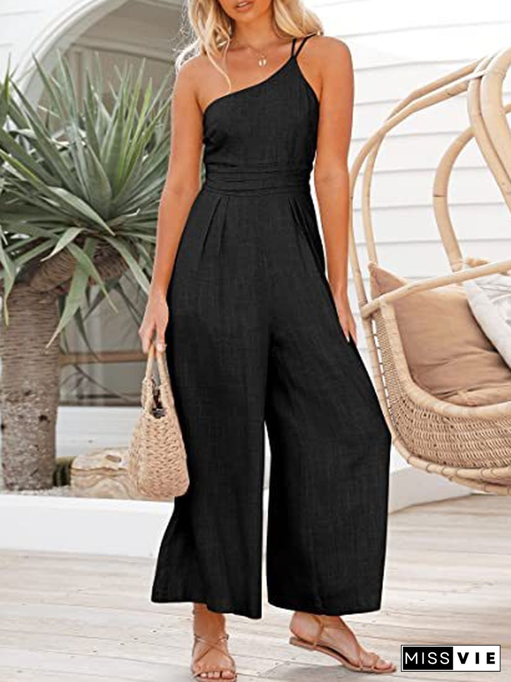 One Shoulder Wide Leg Solid Color Jumpsuit