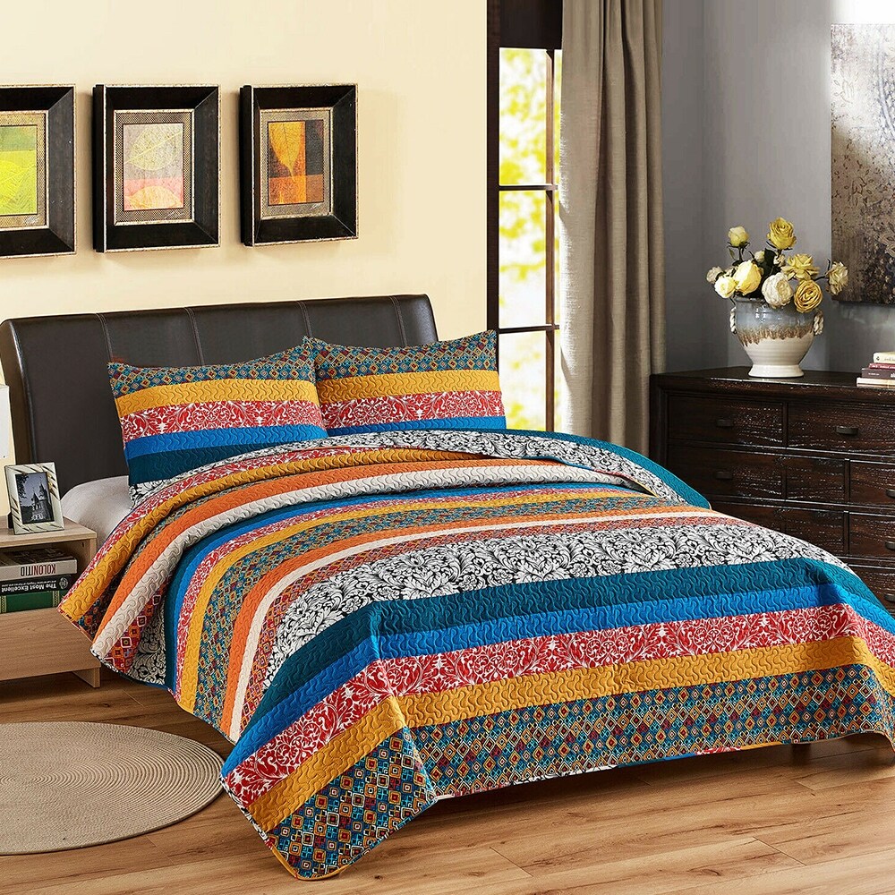 3 Pieces Plaid Printed Reversible Bedspread King Boho Stripe