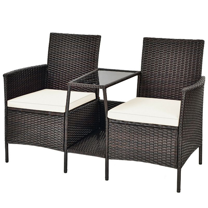 Patio Rattan Wicker Conversation Loveseat with attached coffee table