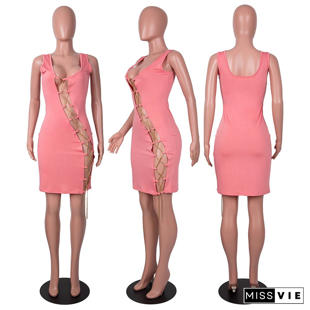 Sexy Women's Summer Solid Color Sleeveless Hollow Out Metal Chain Bandage Bodycon Night Clubwear Dress