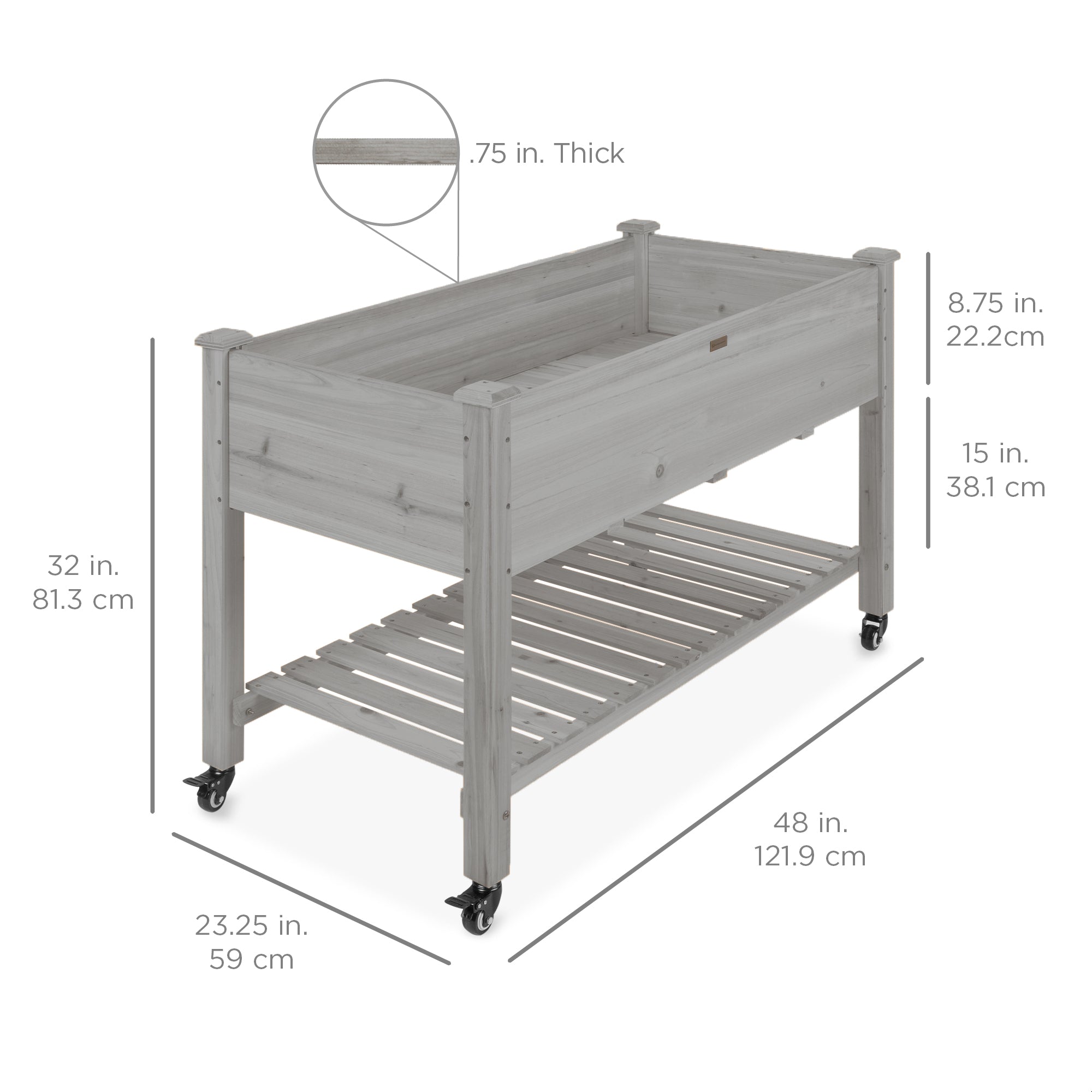 Best Choice Products Raised Garden Bed 48x24x32in Wood Mobile Elevated Planter w/ Wheel Locks, Shelf, Liner - Gray