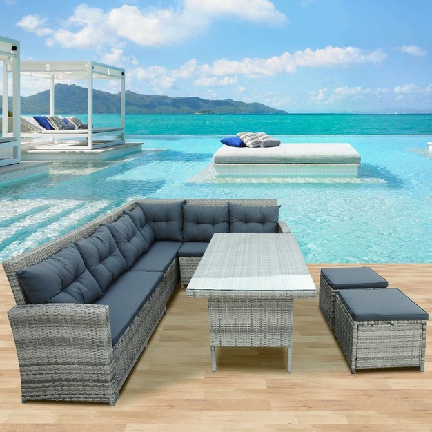 6 piece Outdoor Patio Sectional Sofa With Glass Table And Ottoman For Pool Backyard Lawn Modernluxe