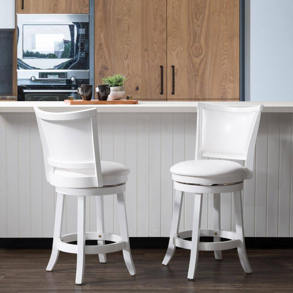 CORLIVING Woodgrove 25 in. Counter Height White Wood Swivel Bar Stools with White leatherette Seat and Backrest (Set of 2) DWG-114-B