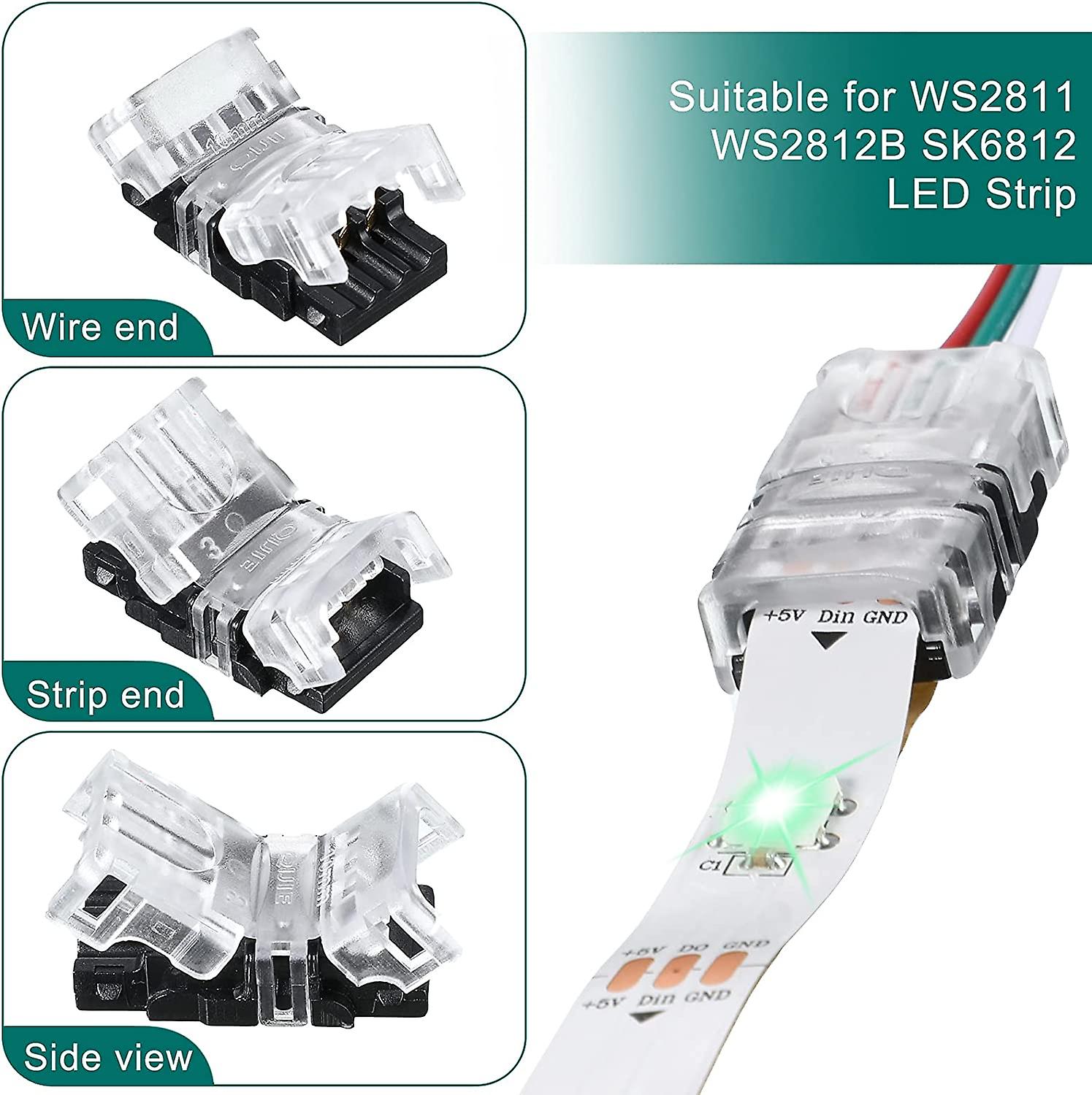 3 Pin Led Strip Connectors 10mm For Ws2811 Ws2812b Sk6812 Solderless Led Strip，w/5 Meters Long Cord (10pcs )