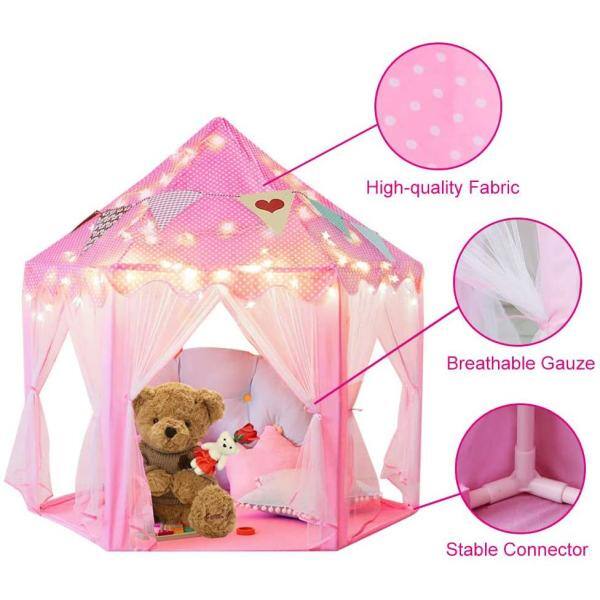 Watnature Kids Play Tent with LED Lights Princess Castle Tent Hexagon Large Playhouse Toys for Children Indoor Outdoor Games Warmtent