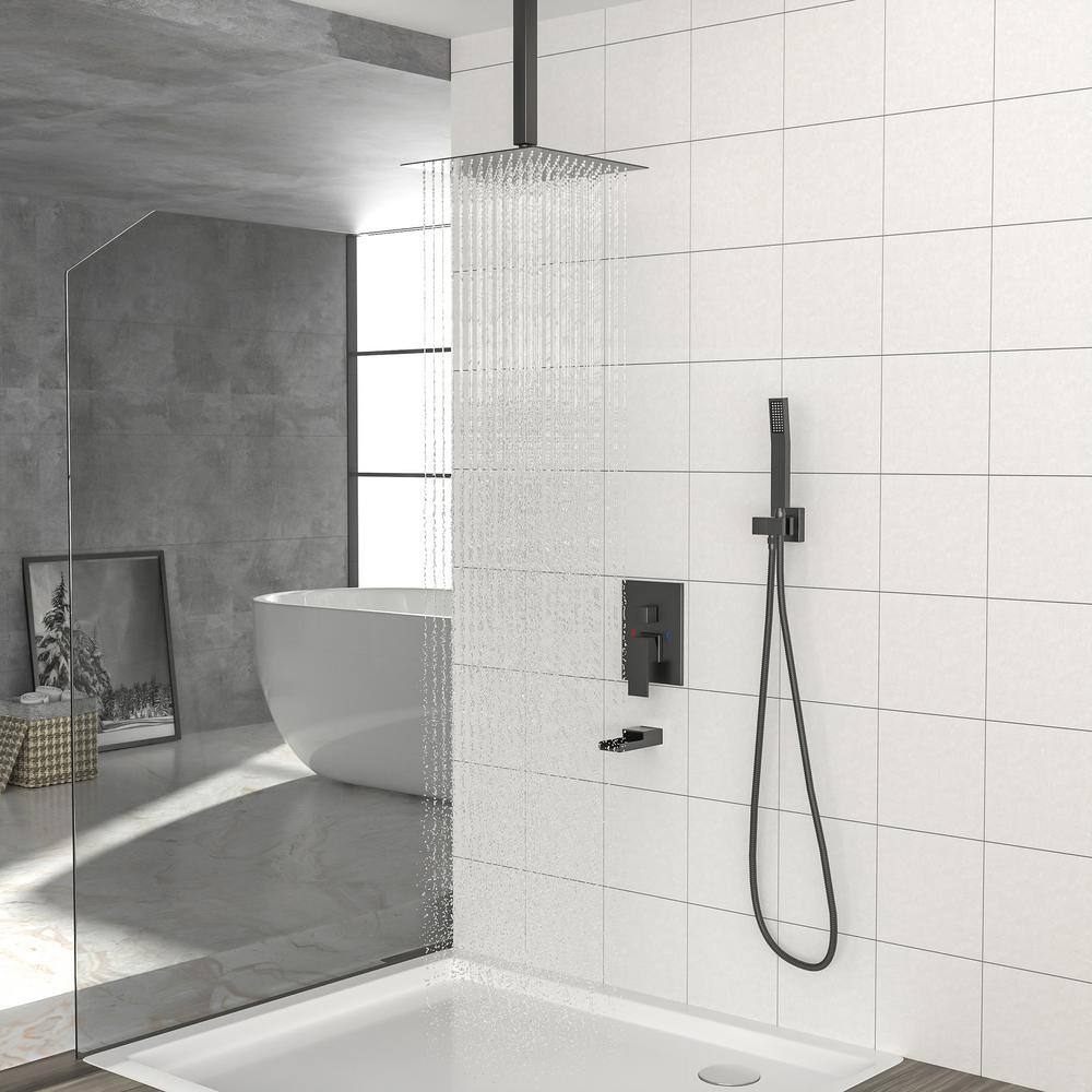 Magic Home 1-Spray 16 in. Ceiling Mount Square Rainfall Shower Head with Hand Shower and Tub and Faucet in Black (Valve Included) SL-16015Z-B-16