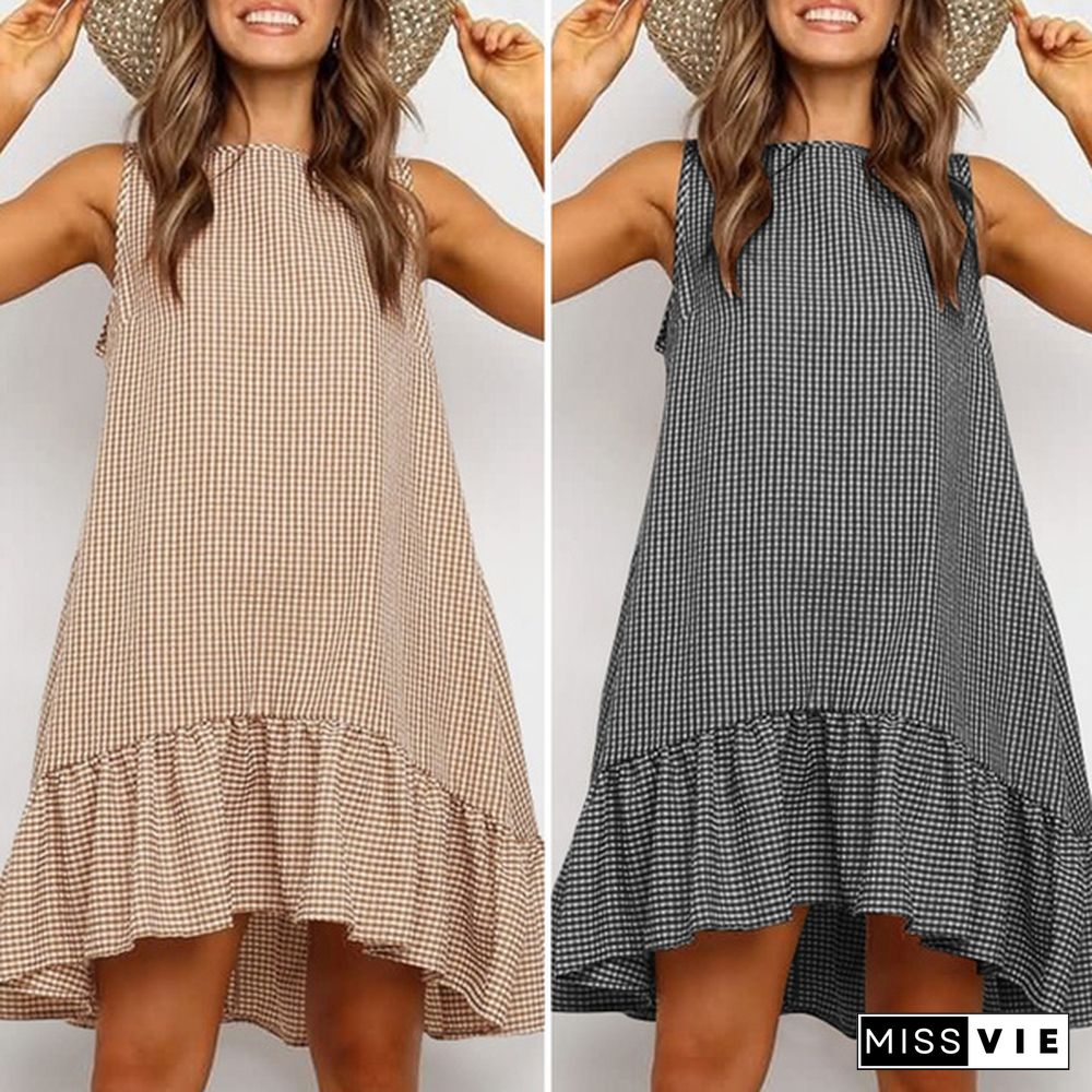 Women Fashion Mini Shirt Dress Crew Neck Ladies Holiday A-Line Grid Check Tiered Sundress