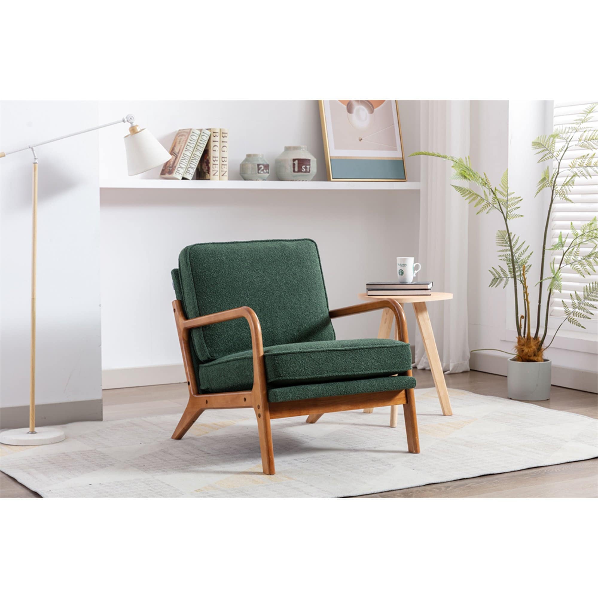 Mid-Century Modern Lounge Armchair Arm Chair with Wood Frame and Vintage Cushions for Living Room， Emerald Fabric