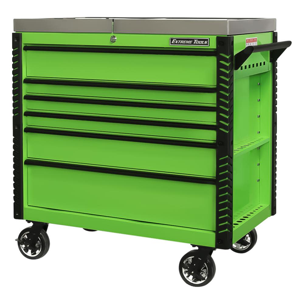 41 6 Drawer Stainless Steel Sliding Top Deluxe Tool Cart with Bumpers， Green with Black Drawer Pulls