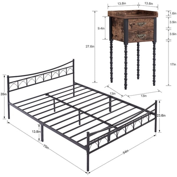 Taomika 3-pieces Bedroom Set，Black Platform Bed and Retro 2-Drawers Nightstands Set of 2 - - 36146936