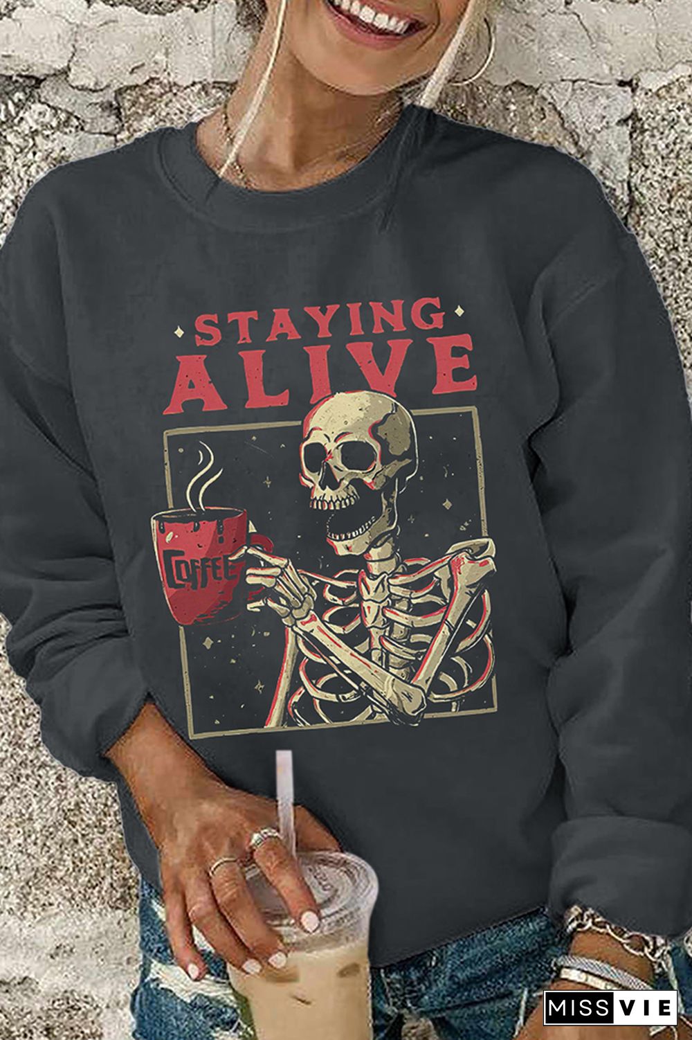 Staying Alive Halloween Print O-neck Long Sleeve Sweatshirts Women Wholesale