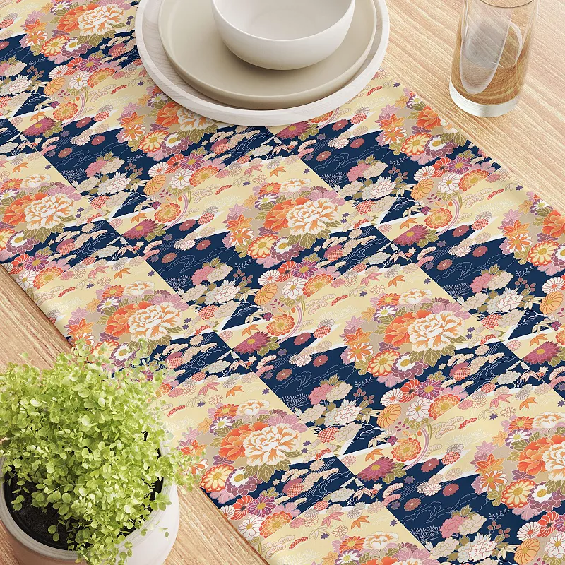 Table Runner， 100% Polyester， 12x72， Japanese Flower Pattern