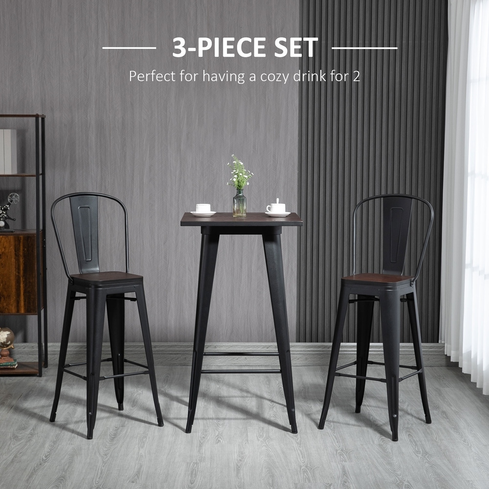 HOMCOM 3 Piece Bar Table Set with 1 Table  2 High Back Chairs and Metal Frame with Footrests for Home