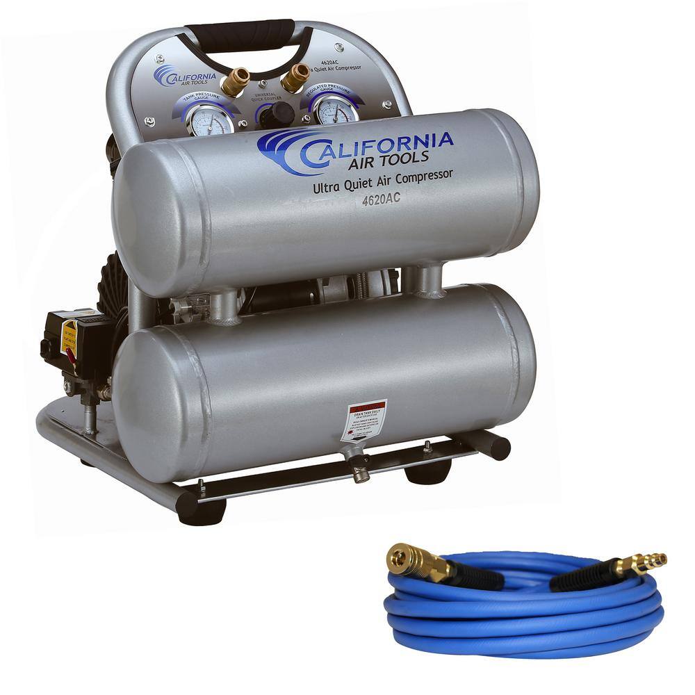 California Air Tools UltraQuiet OilFree 4.6Gal 2Hp 125 PSI Electric Aluminum Twin Air Compressor with 25ft Industrial Quick Connect Hose CAT-4620ACH