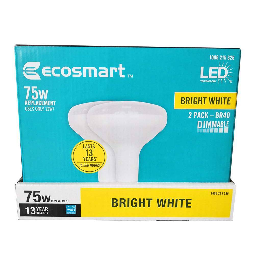 EcoSmart 75-Watt Equivalent BR40 Dimmable ENERGY STAR LED Light Bulb Bright White (2-Pack) BR40-1D 12W E26 120V 3000K