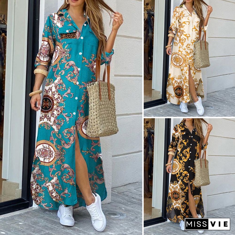 S-5XL Women Fulll Sleeved Kaftan Dress Chains Printed Side Fork Casual Loose Long Wedding Holiday Dress