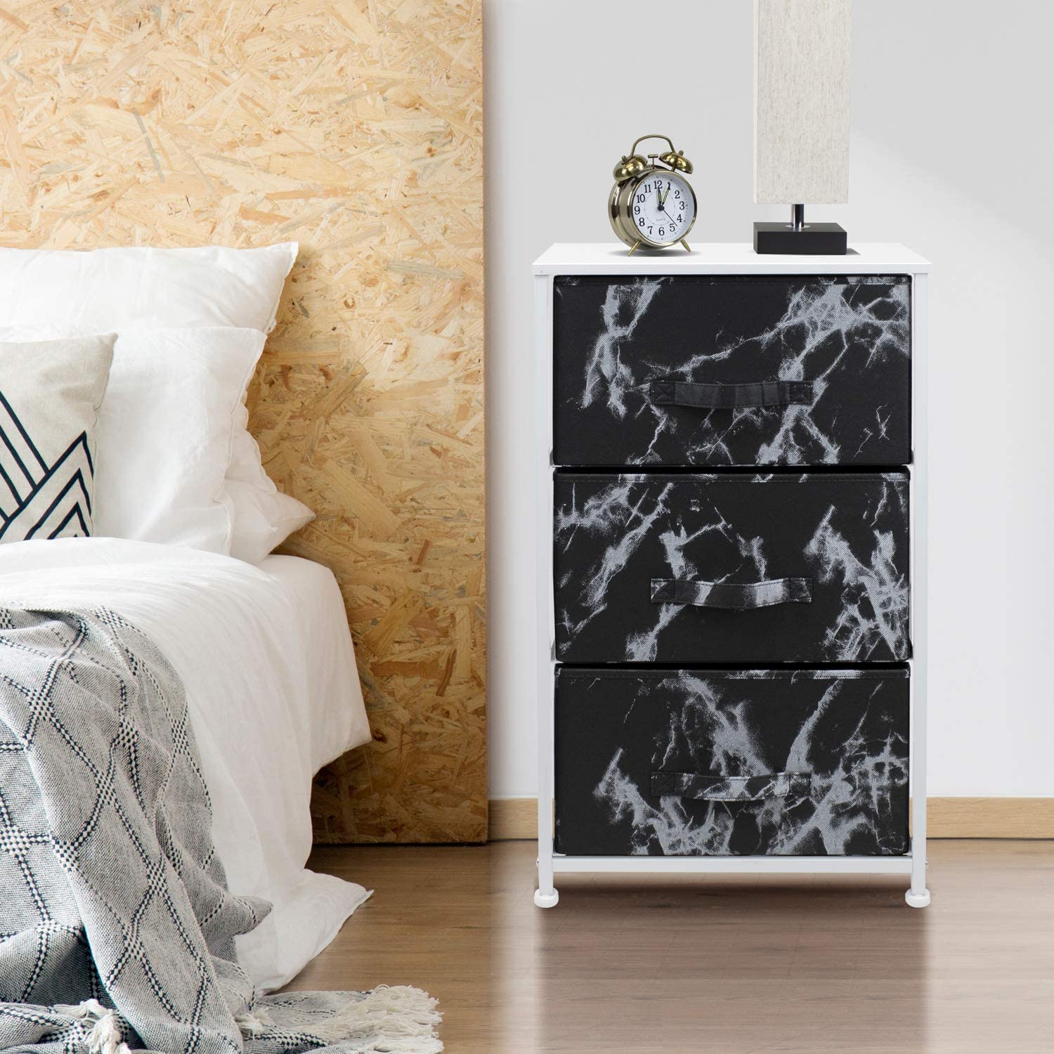 3 Drawer Nightstand Chest End-Table Dresser - White Frame Black Marble