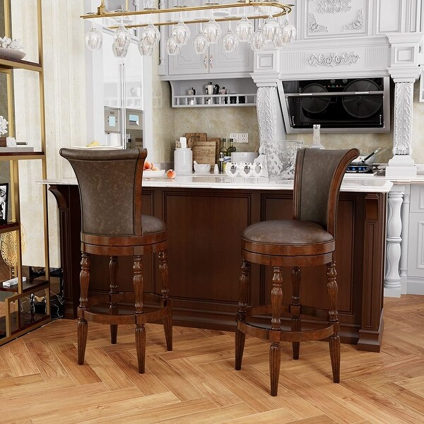 Solid Wood Swivel Bar Stool Carved Hardwood Rotatable Pub Height Stools