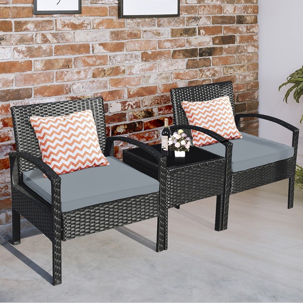 Costway 3pcs Patio Rattan Furniture Set Coffee Table Conversation Sofa Outdoor Cushioned Gray