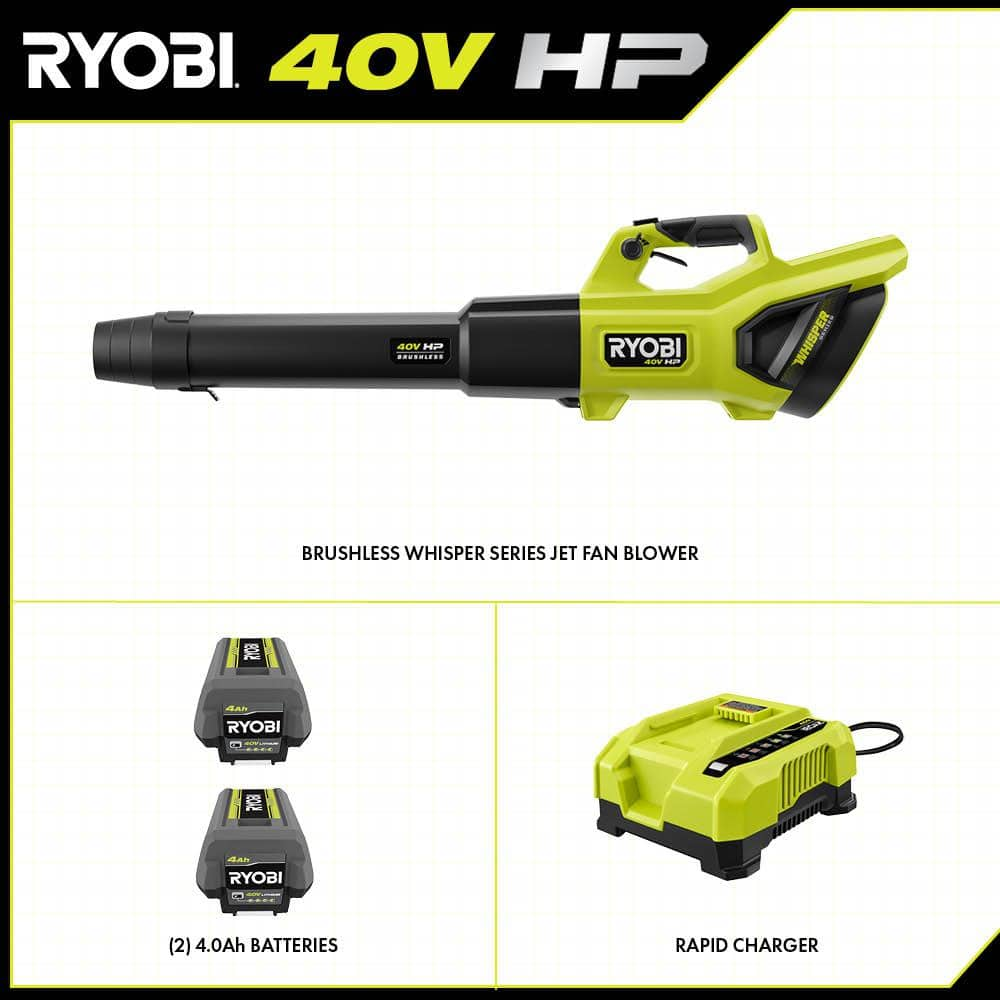 RYOBI 40V HP Brushless Whisper Series 190 MPH 730 CFM Cordless Battery Jet Fan Leaf Blower with (2) 4.0 Ah Batteries & Charger RY404100