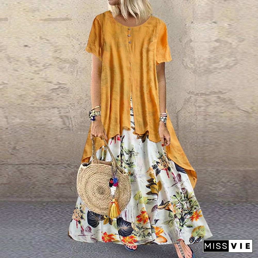 Women's Vintage Round Neck Short Sleeve Floral Print Dress Ladies Long Maxi Dress