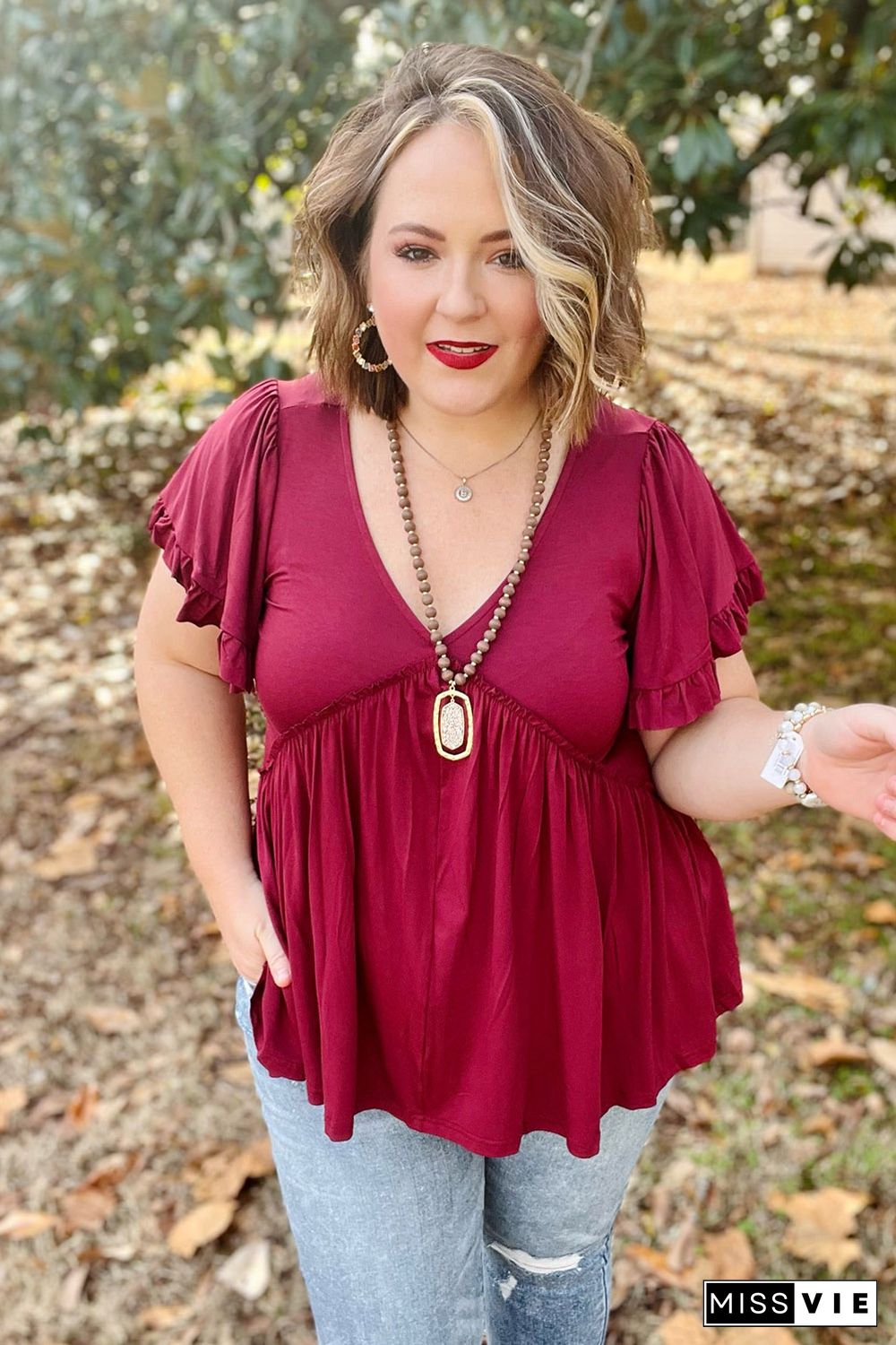 Red Plus Size V Neck Ruffle Sleeve Peplum Blouse