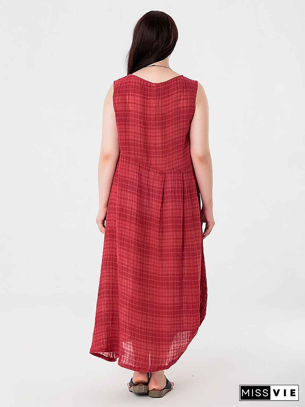 Plus Size Women Summer Plaid Cotton Linen Vest Dress