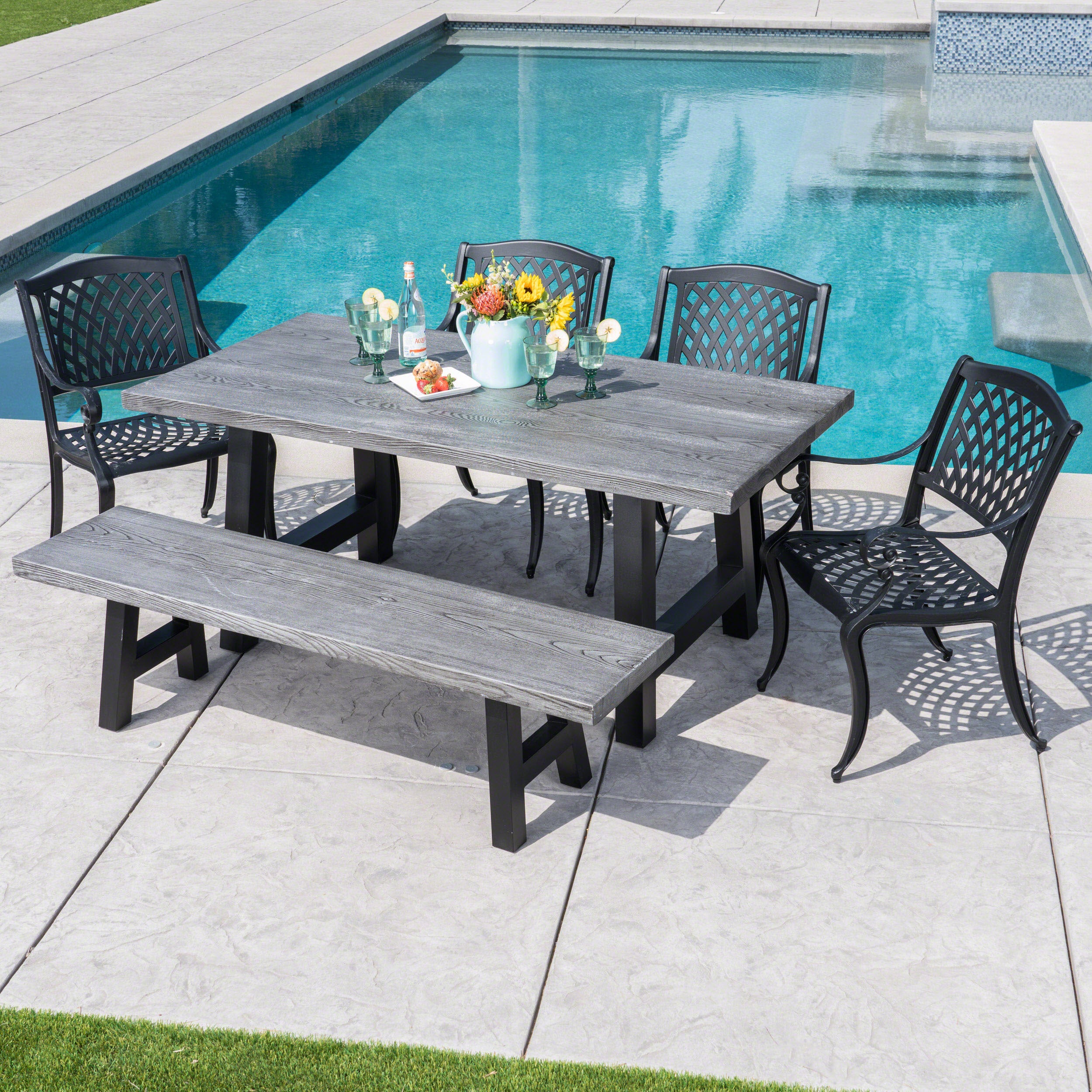 Dorris Outdoor 6 Piece Black Sand Aluminum Dining Set with Light Weight Concrete Table and Bench