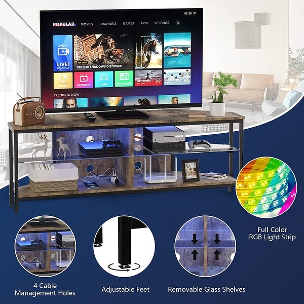 Corner TV Stand for 55 Inch TV， Corner TV Stand with LED Lights and Power Outlet， Corner Entertainment Center