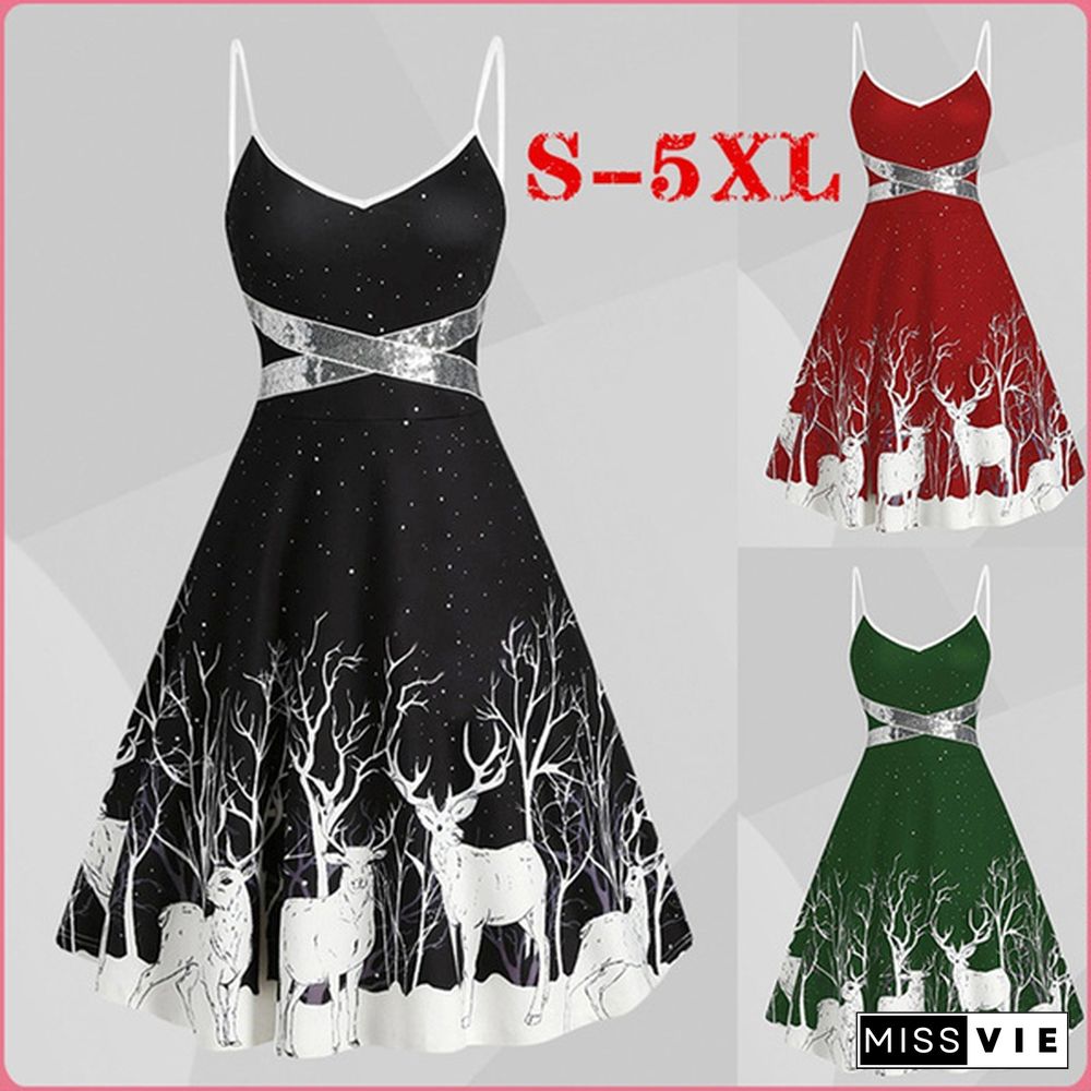 Ladies Casual Sleeveless V-Neck Christmas Party Dresses Women Christmas Elk Printed A-Line Spaghetti Straps Tunic Dress Plus Size 5Xl