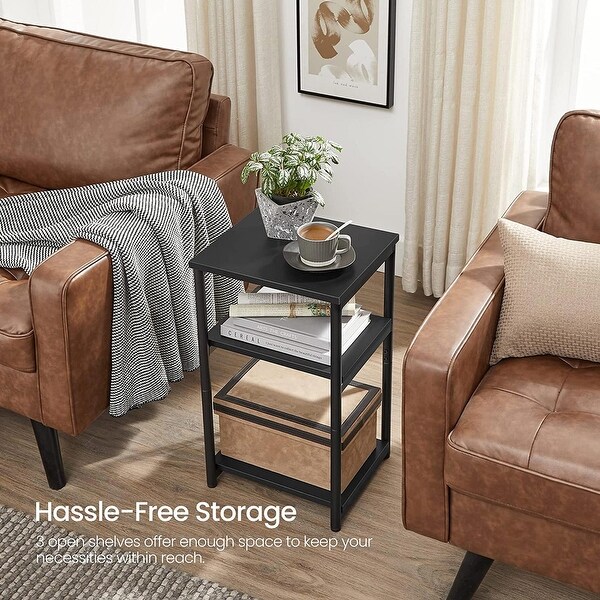 Side Table， End Table with Storage Shelves， 3-Tier Slim Tall Table， Steel Frame， for Living Room， Rustic Brown and Black