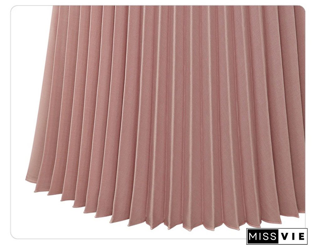 Spring Thick Chiffon Pleated Long Skirt Women Stretch Waist Casual Pink Calf-Length Pleated A-Line Skirt Summer