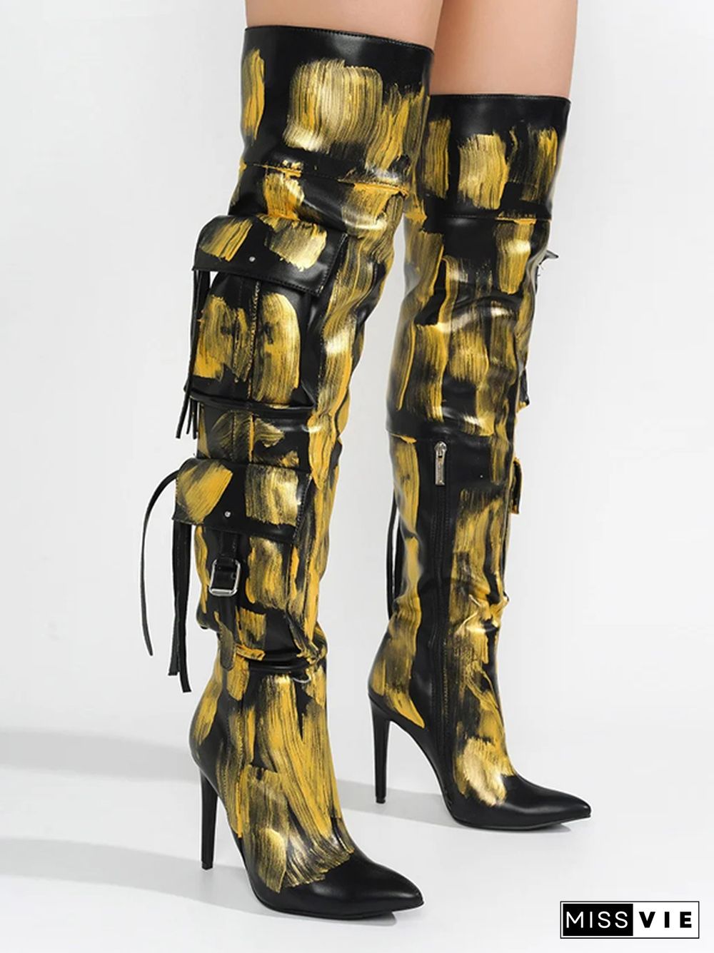 Detroit Thigh-High Metallic Denim Boots