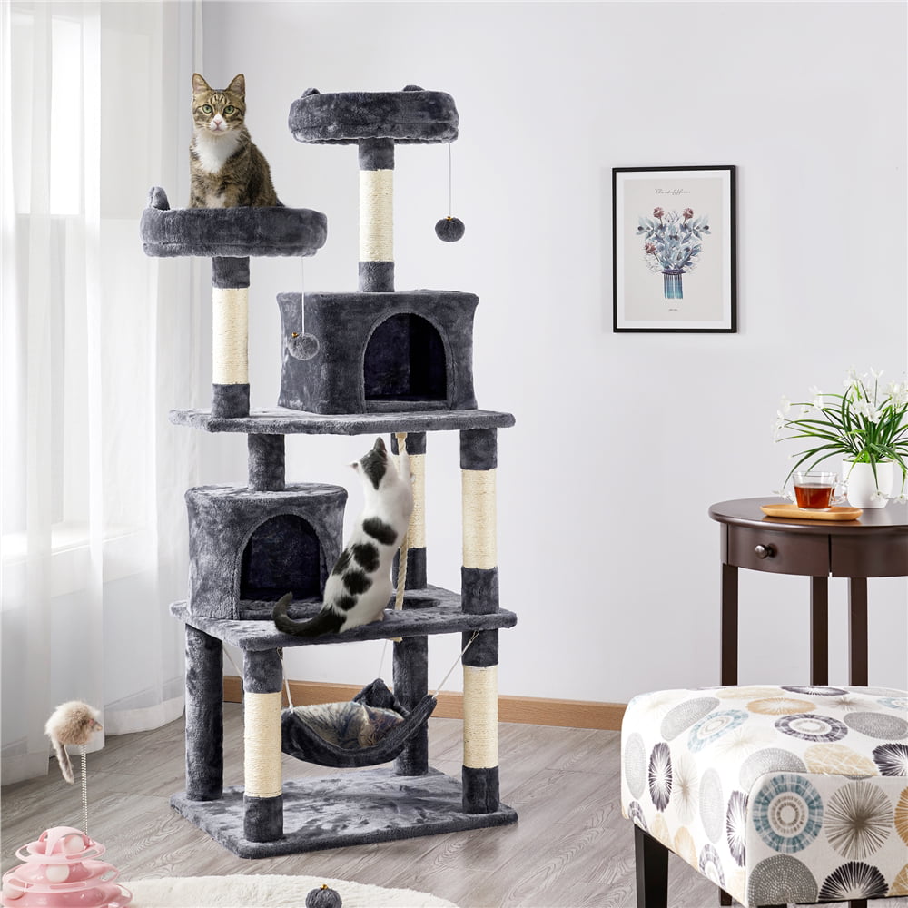 SMILE MART 62.2" Double Condo Cat Tree and Scratching Post Tower, Dark Gray