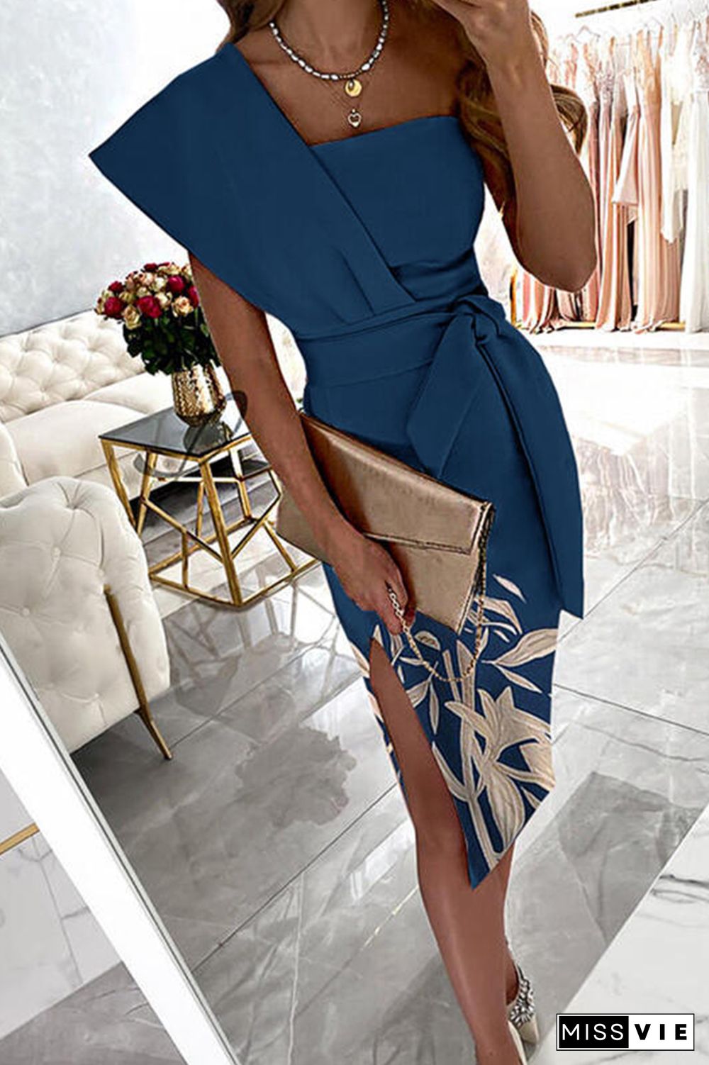 Casual Print Split Joint One Shoulder Pencil Skirt Dresses(4 colors)