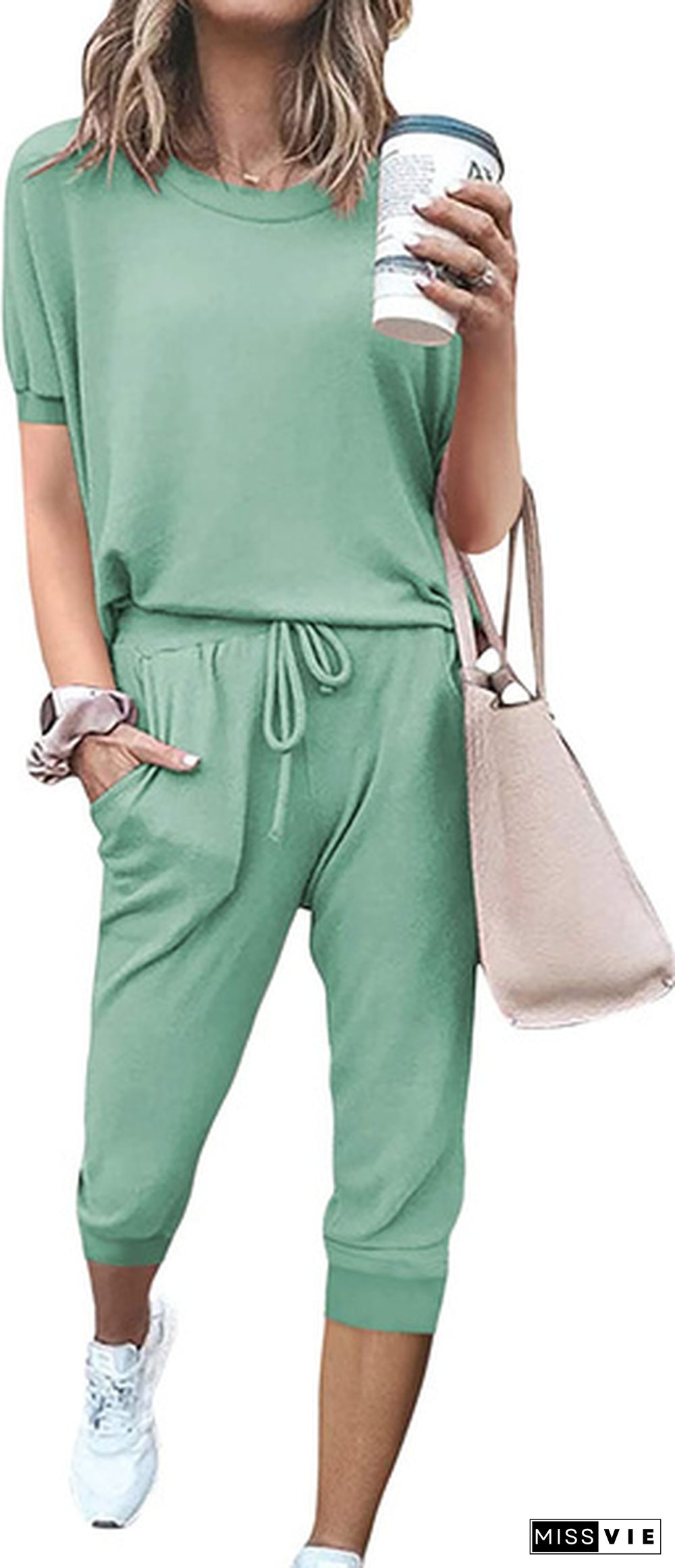 Women’S Solid Color Two Piece Outfit Short Sleeve Crewneck Pullover Tops And Drawstring Shorts Tracksuits