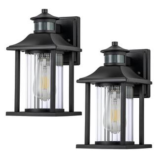 C Cattleya 1-Light Matte Black Motion Sensing Dusk to Dawn Non-Solar Outdoor Wall Lantern Sconce with Clear Striped Glass (2-Pack) CA2238-2W