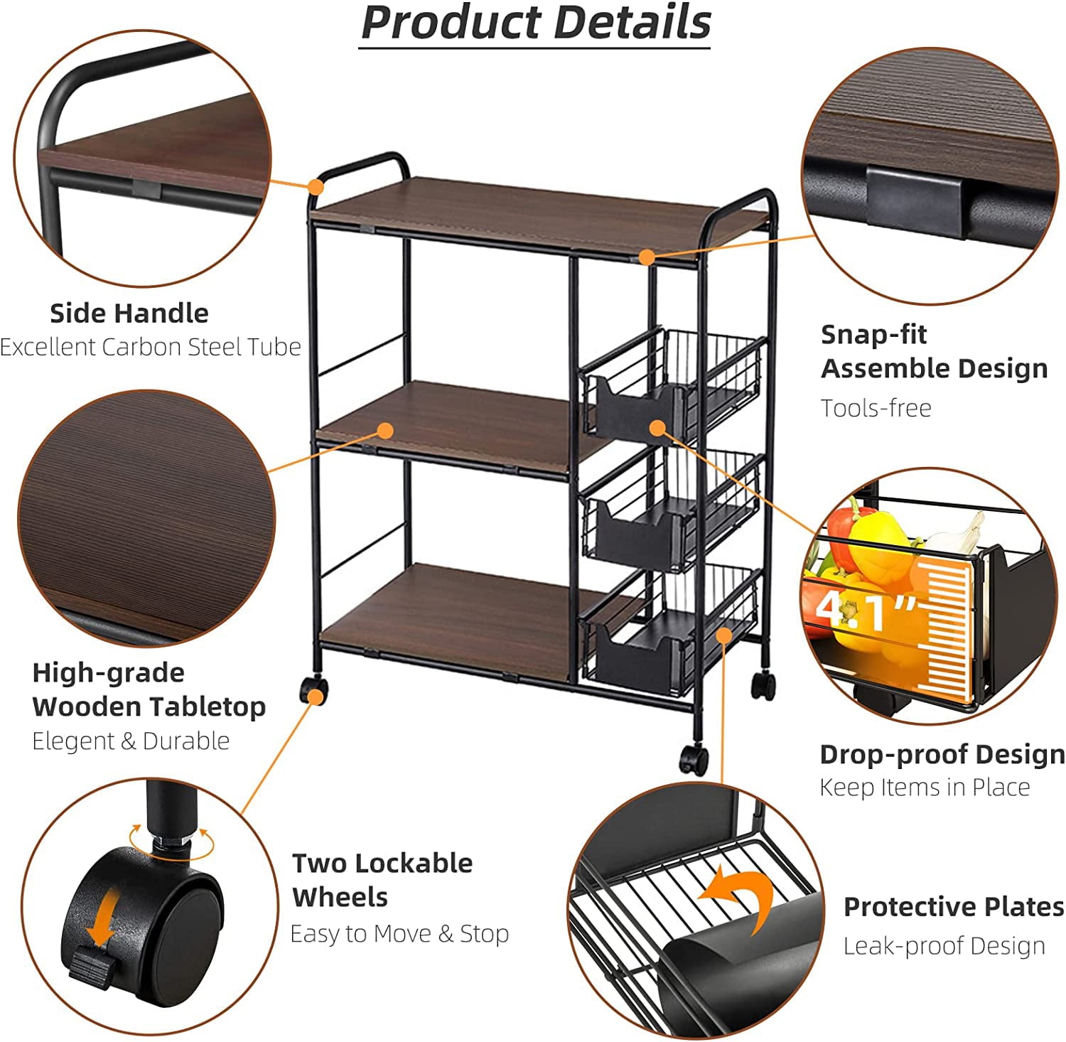 KnightCraft Microwave Cart with 3 Shelves and 3 Drawers， Rustic Brown