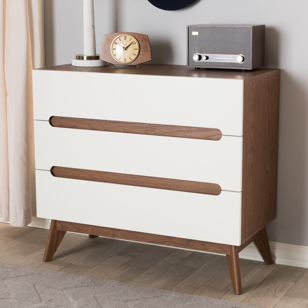 Calypso Mid Century Modern White and Walnut Wood 3 Drawer Storage Chest   Midcentury   Accent Chests And Cabinets   by HedgeApple  Houzz