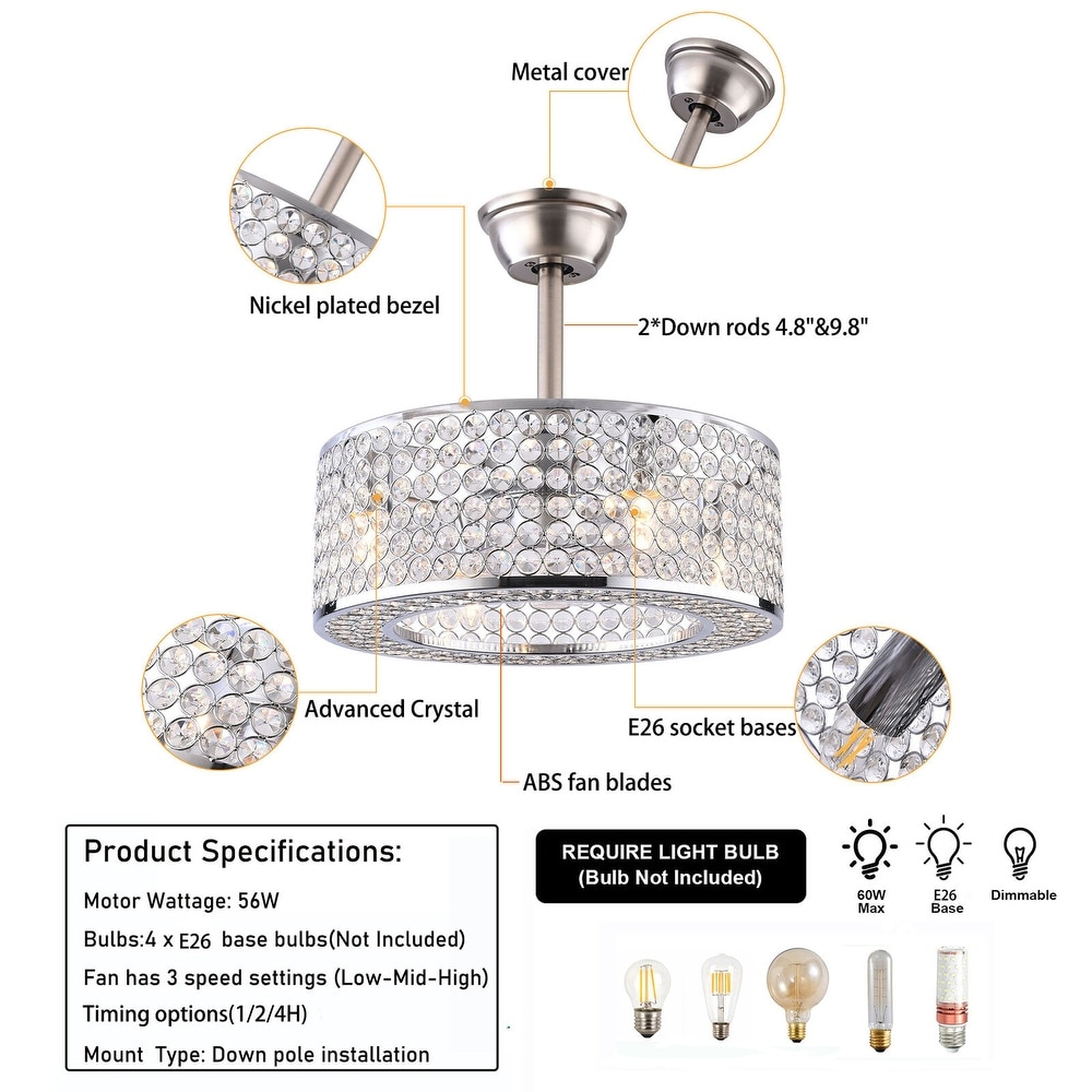 18'' Modern Silver Crystal Caged Invisible Ceiling Fan with Remote