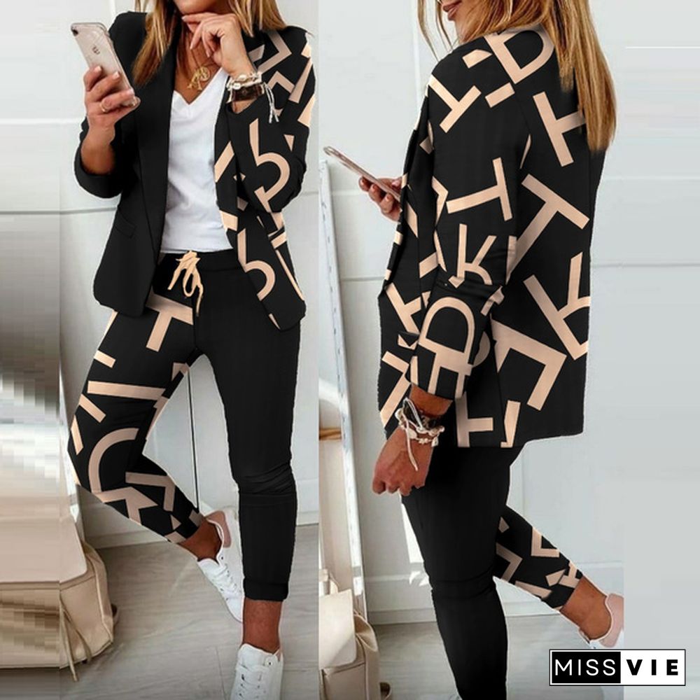 Women Elegant Long Sleeve Blazer Sets Lapel Neck Blazer Coat & Drawstring Pants Set Two Piece Outfits For Women