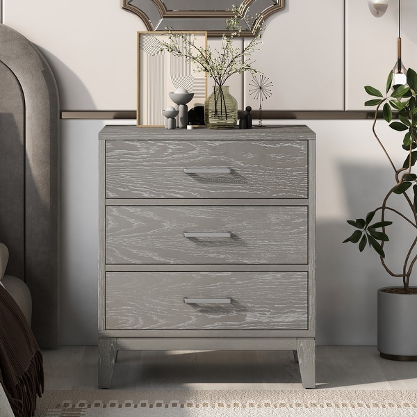 Solid wood Grey grain Three-Drawer Nightstand with Tapered Legs - - 37754729