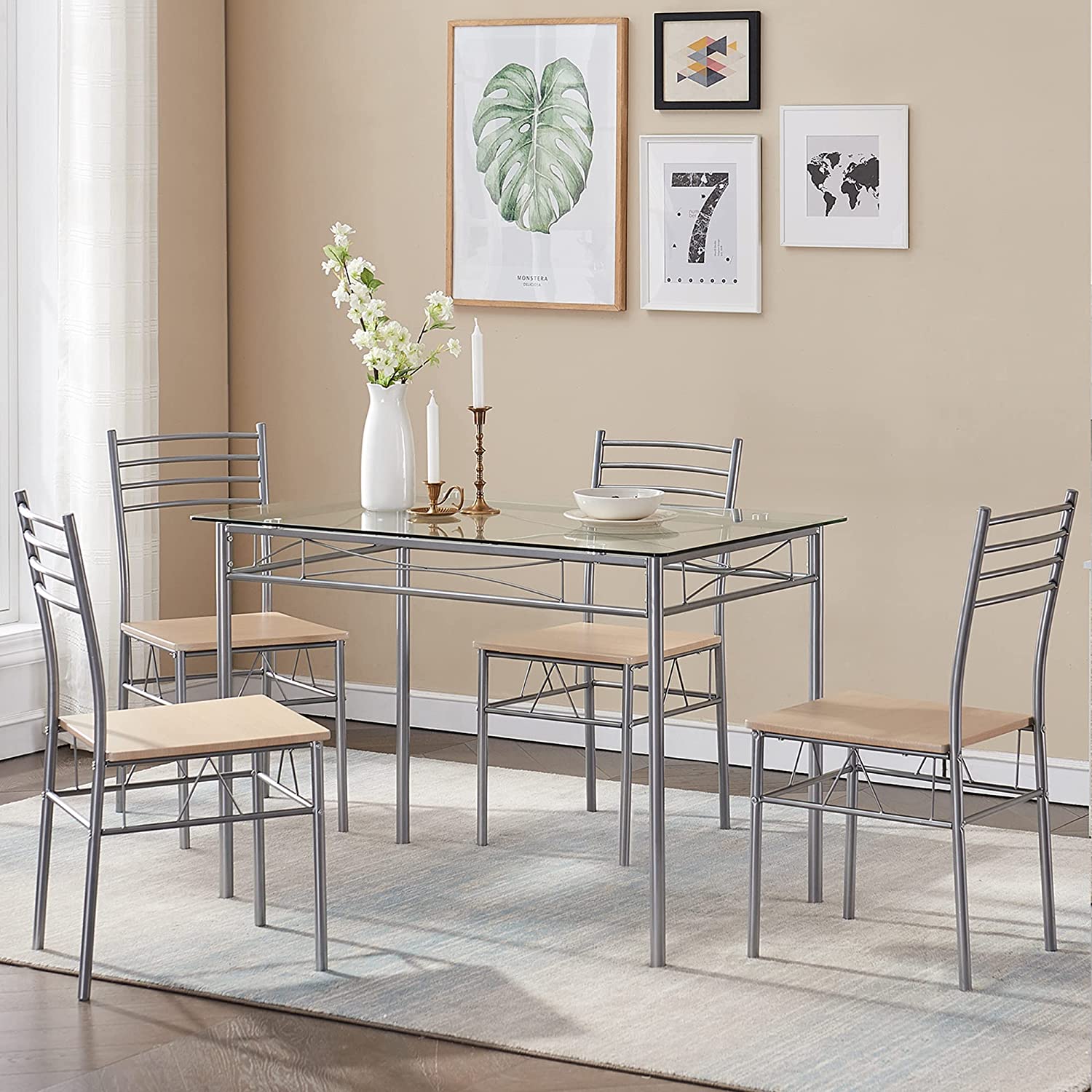 VECELO Kitchen Dining Room Table and Chairs 4， 5-Piece Dinette Sets， Space Saving (Silver)， Silvery